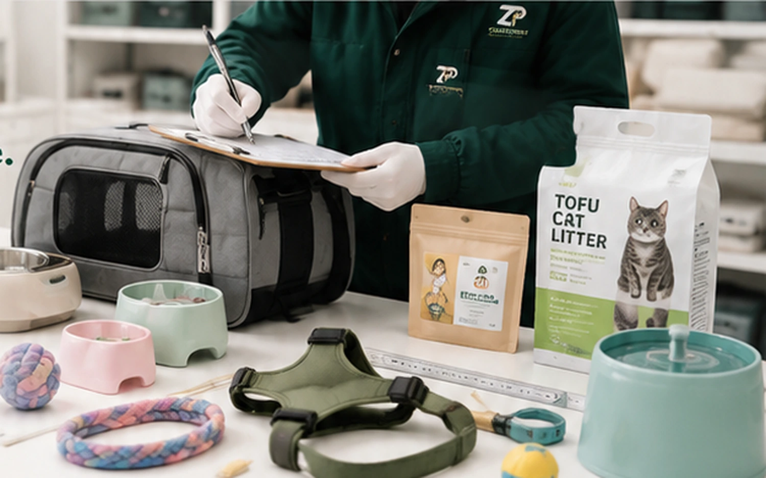 Multi-category pet product quality inspection including carrier, harness, bowls, cat litter and pet supplement packaging
